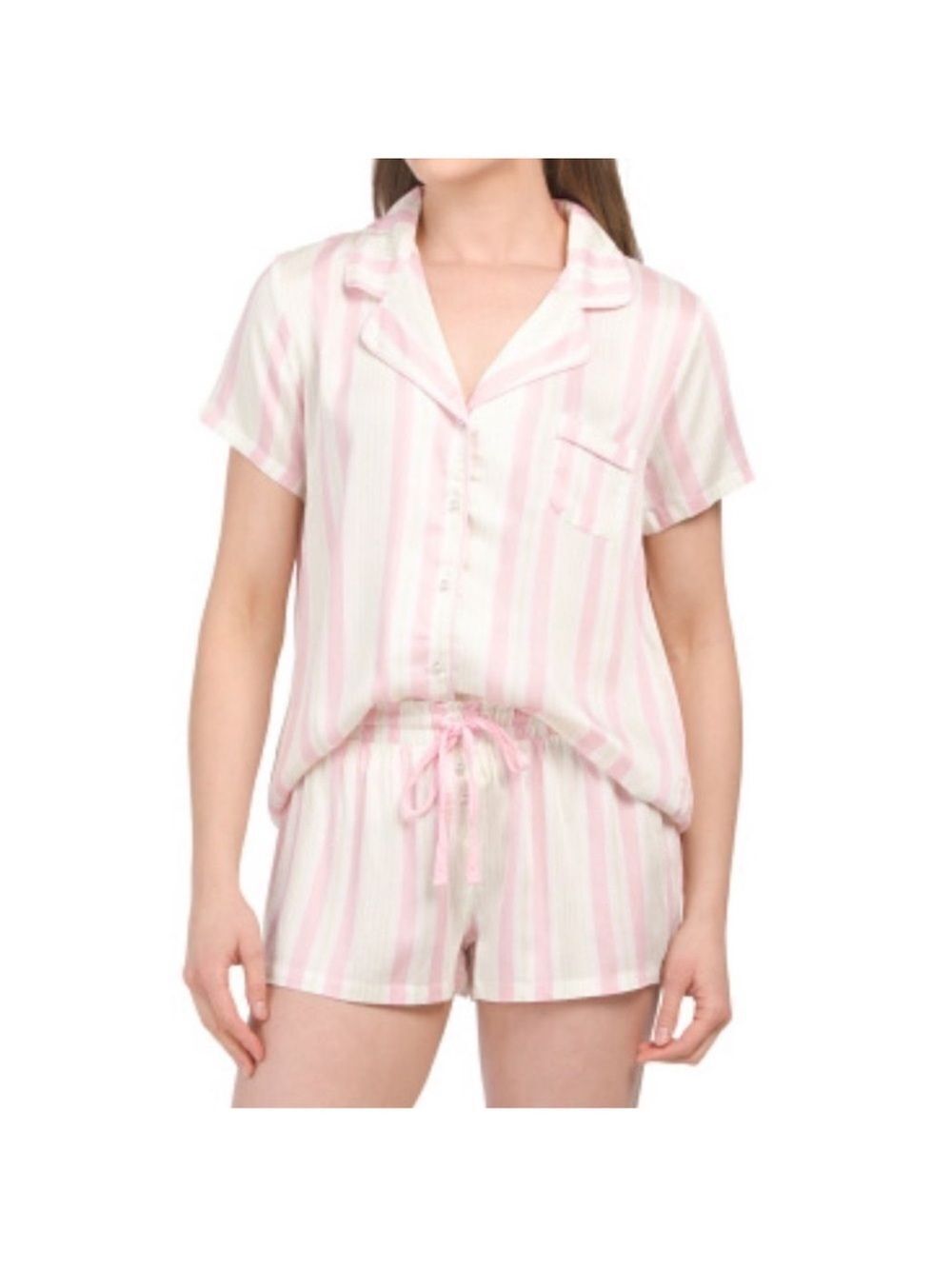 Splendid ML White Pink Melon Stripe Notched Collar Short Sl Top Short PJ Set